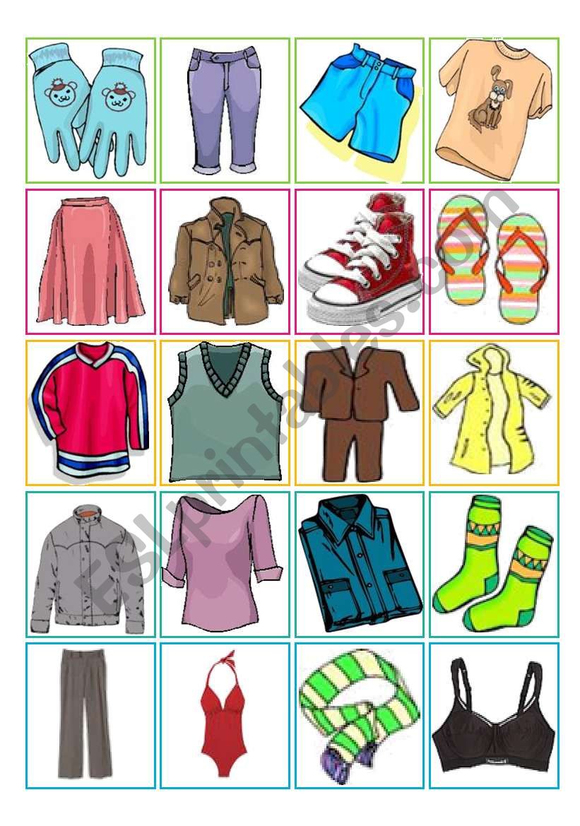 Clothes – memory game [20 words X 40 cards + cards back + B&W version + instructions + additional tasks] ((6 pages)) ***editable